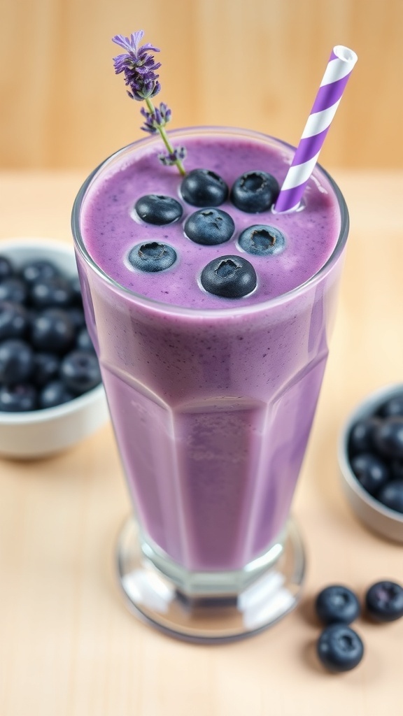 Lavender blueberry smoothie in a glass, garnished with blueberries and lavender sprig, on a wooden table.